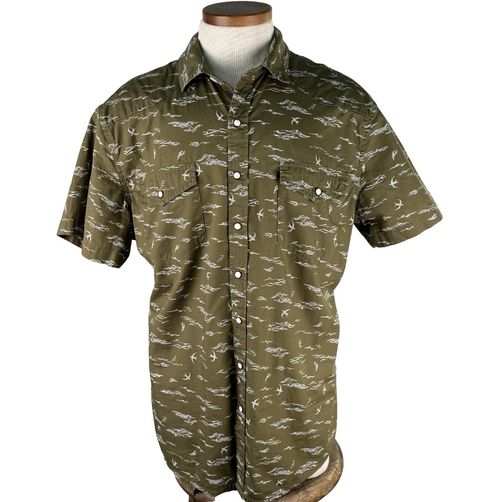 Pearl Snap Shirt Men XL Western Short Sleeve Beach Surf Sonoma Green Ranch Print